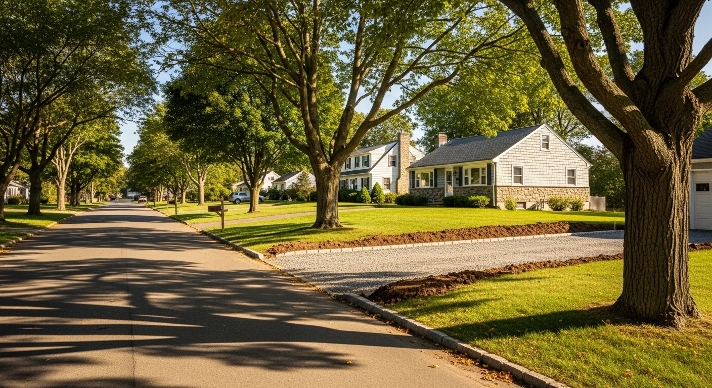 Residential street in Lansing, NY with well-maintained homes and mature trees lining the road.