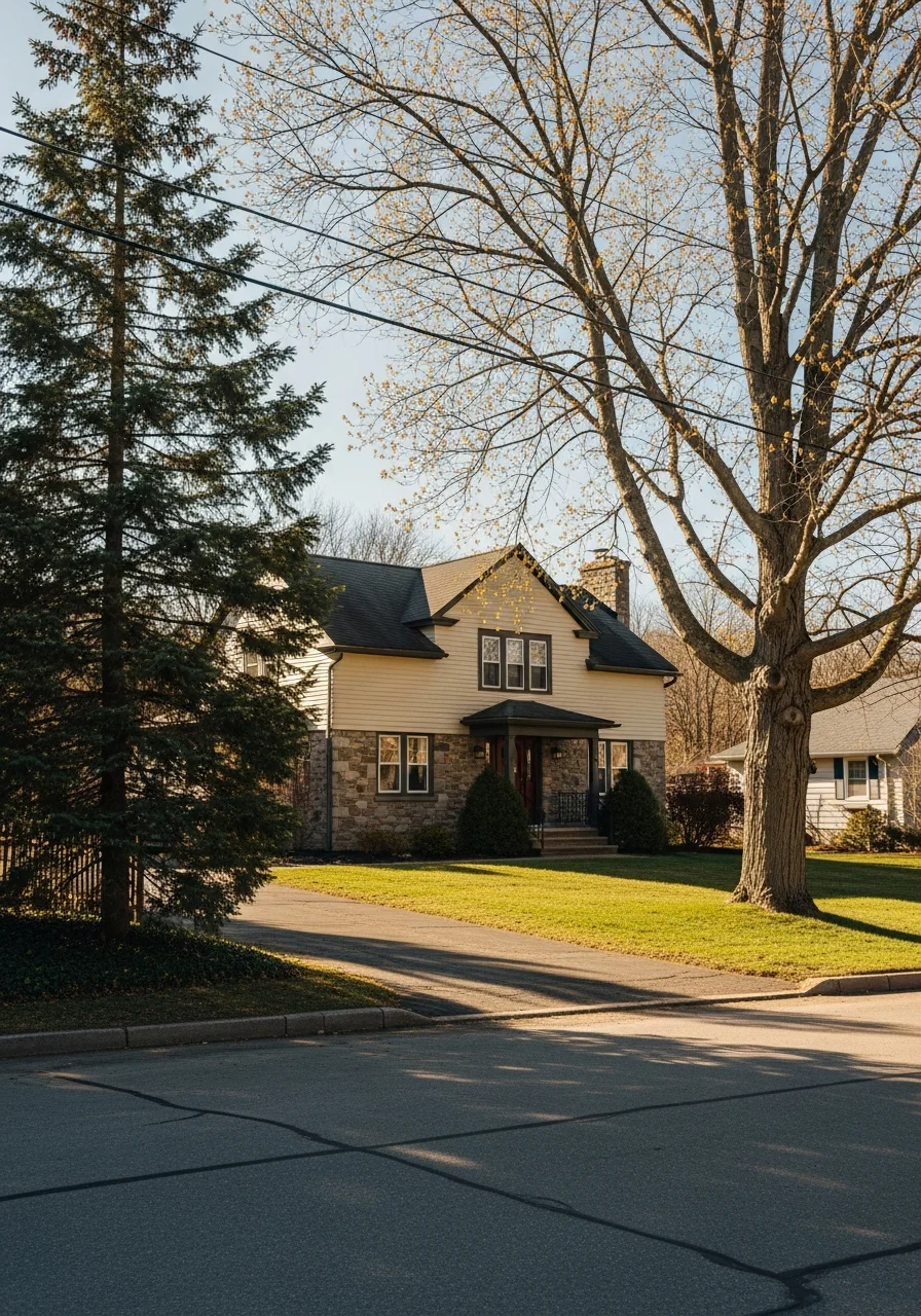 Portrait view of a Tompkins County home exterior highlighting local architectural style and seasonal landscape.