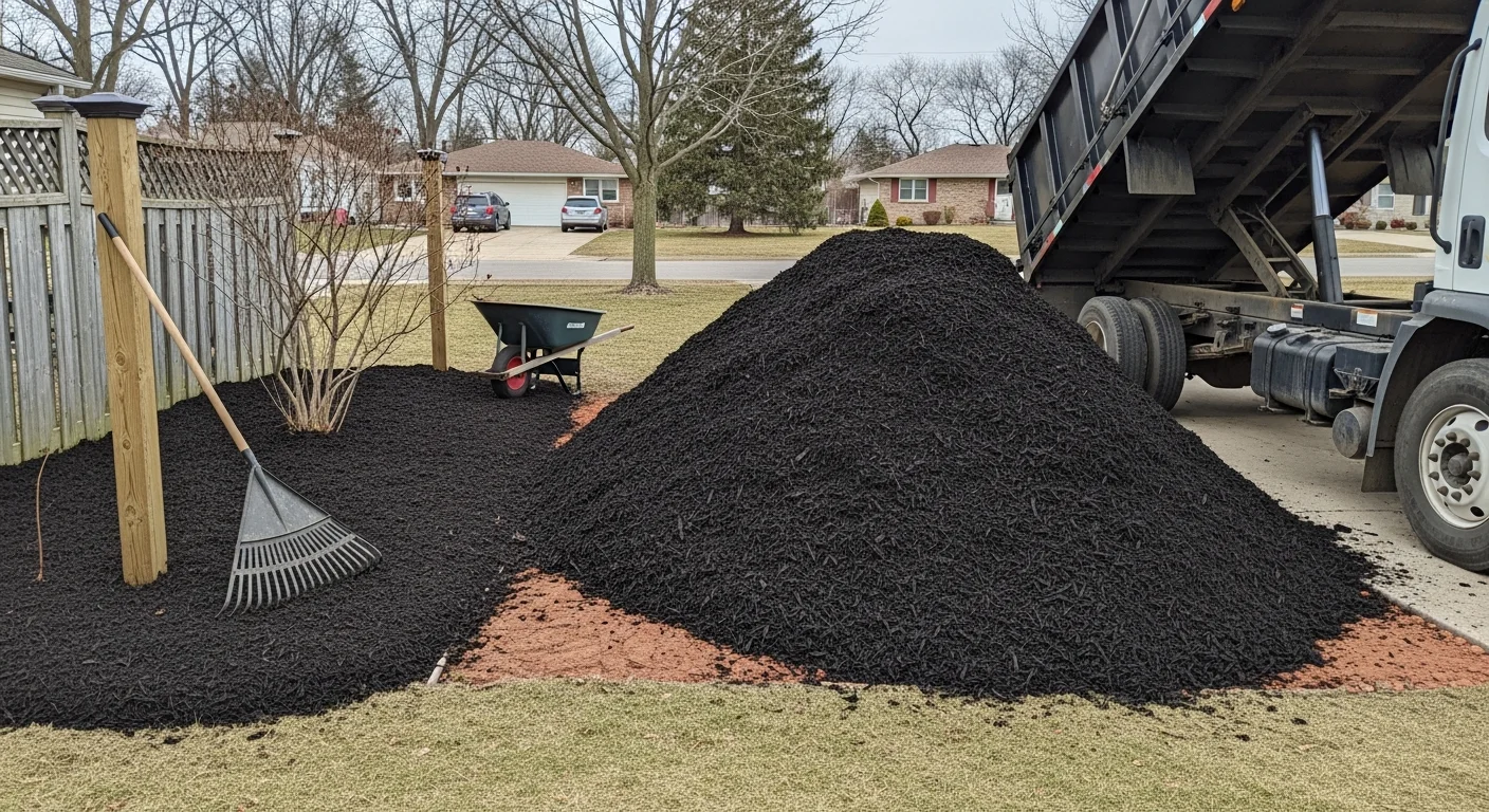 A large pile of bulk hardwood mulch delivered to a residential driveway in Lansing, Michigan, ready to be spread across garden beds. Freshly mulched landscape beds surround the front yard, showing even 2-to-3-inch coverage around shrubs and trees.