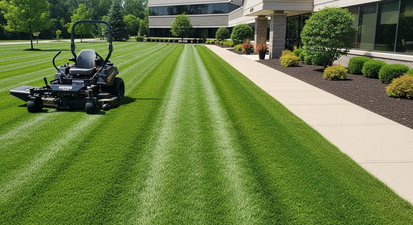 A neatly mowed and edged commercial property lawn in Lansing, Michigan, with clean turf lines along a paved walkway and well-maintained grass beds in front of a commercial building. TMT Excavation & Outdoor Services crew equipment is visible in the background during a routine maintenance visit.