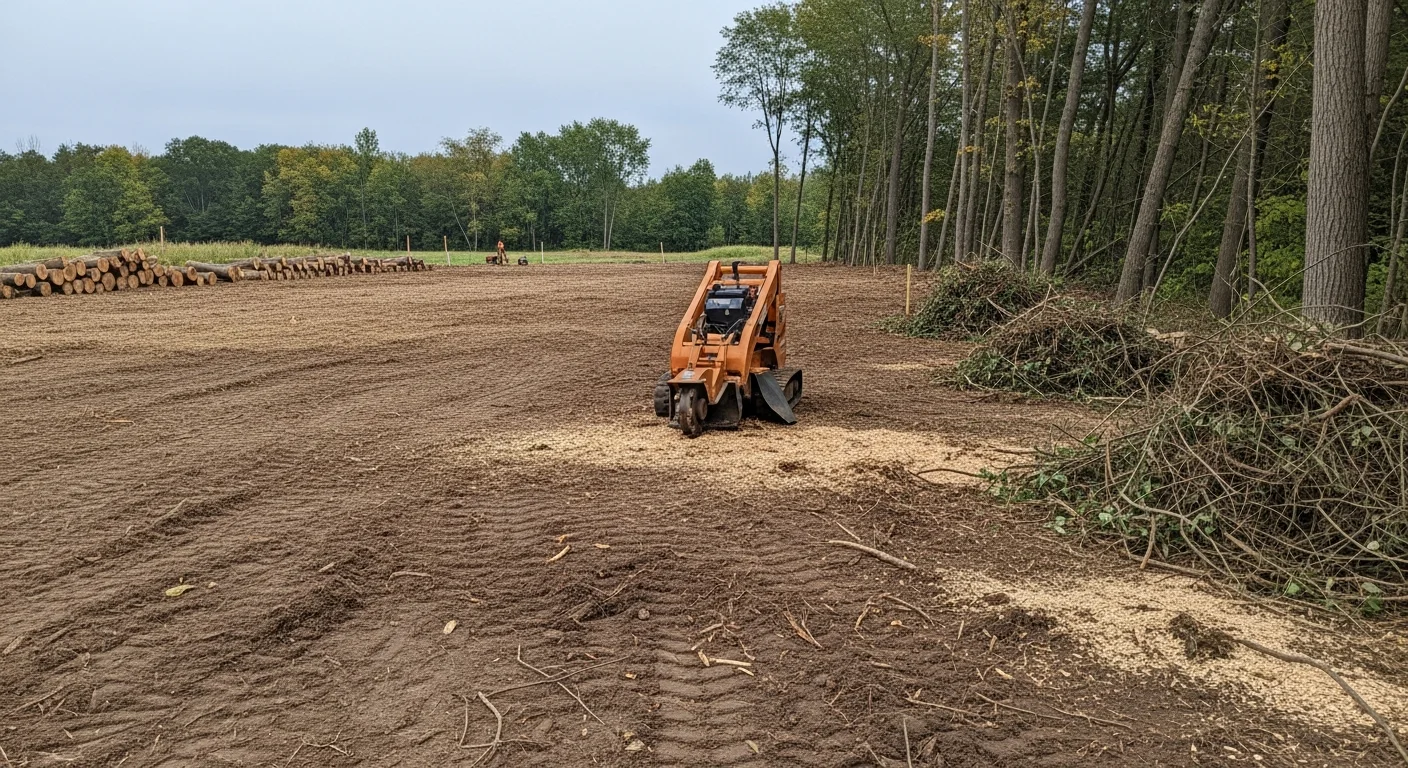 A freshly cleared residential lot in Lansing, Michigan, with trees, stumps, and brush removed and bare soil graded level. Heavy excavation equipment is visible at the edge of the cleared site.