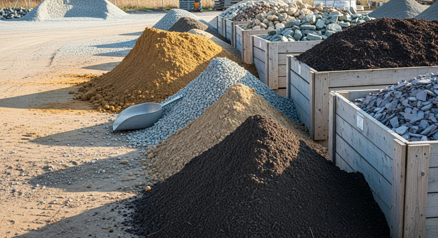 Bulk piles of topsoil, gravel, and decorative stone staged at a residential property in Lansing, Michigan. A contractor loads material for a backyard grading and drainage project on a clay-soil lot.