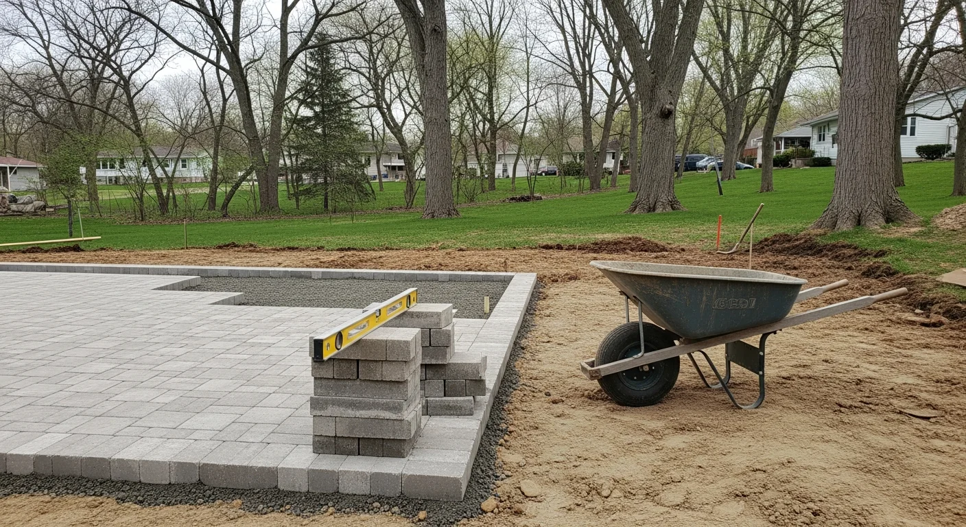 A finished backyard outdoor living space at a Lansing, Michigan home, showing a paved patio with a fire pit area and low seating walls surrounded by clean landscaping. The design reflects a practical, four-season layout built for Michigan weather conditions.