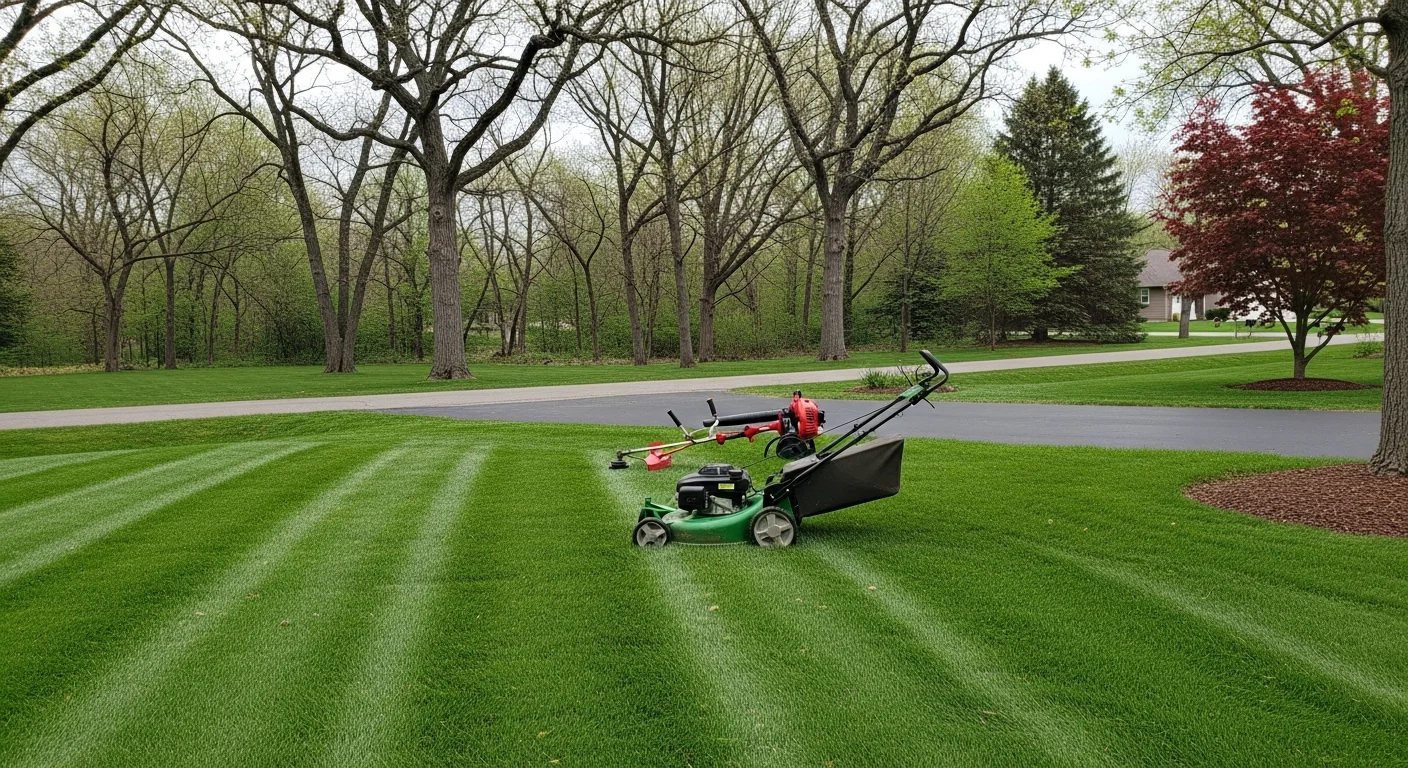 A neatly mowed and edged residential front lawn in Lansing, Michigan, with clean turf lines along the driveway and trimmed grass along the foundation. The yard shows even cut height and clear bed edges typical of professional lawn maintenance service.