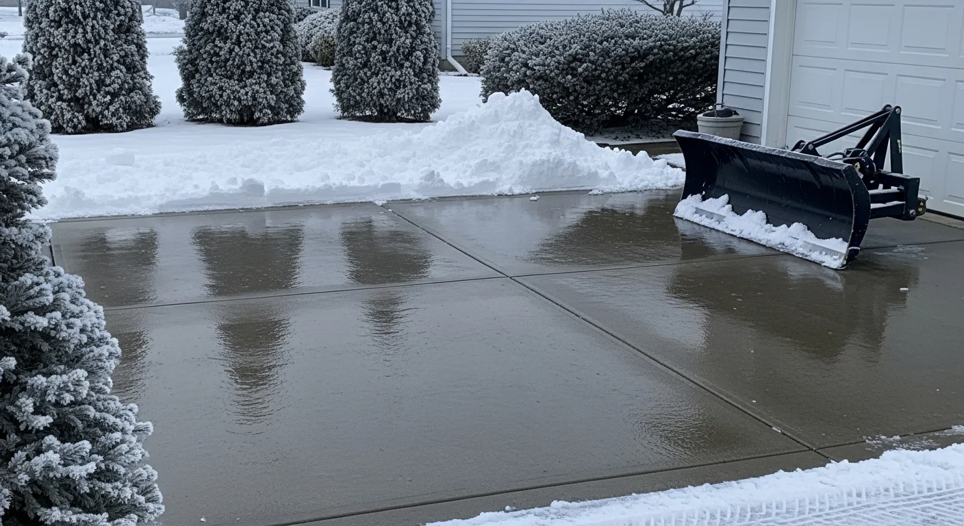A cleared residential driveway and front walkway in Lansing, Michigan after a winter snowstorm, with snow pushed to the sides and steps fully exposed. A single-family home sits in the background with a clean path from the garage to the public sidewalk.