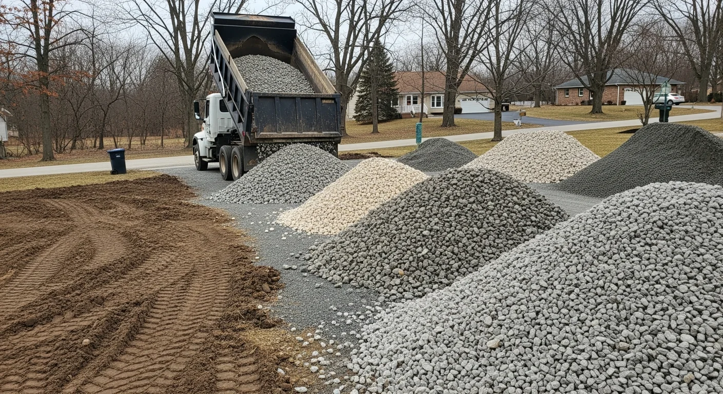 Bulk crushed stone delivered and spread across a residential driveway base in Lansing, Michigan. Angular gray stone covers the full driveway surface with a compacted, even finish ready for traffic.
