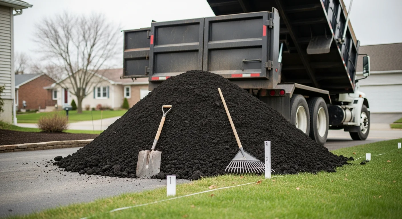 A dump truck delivering a large load of screened topsoil to a residential property in Lansing, Michigan. The dark, loose soil is piled on a graded backyard area prepared for new lawn seeding.